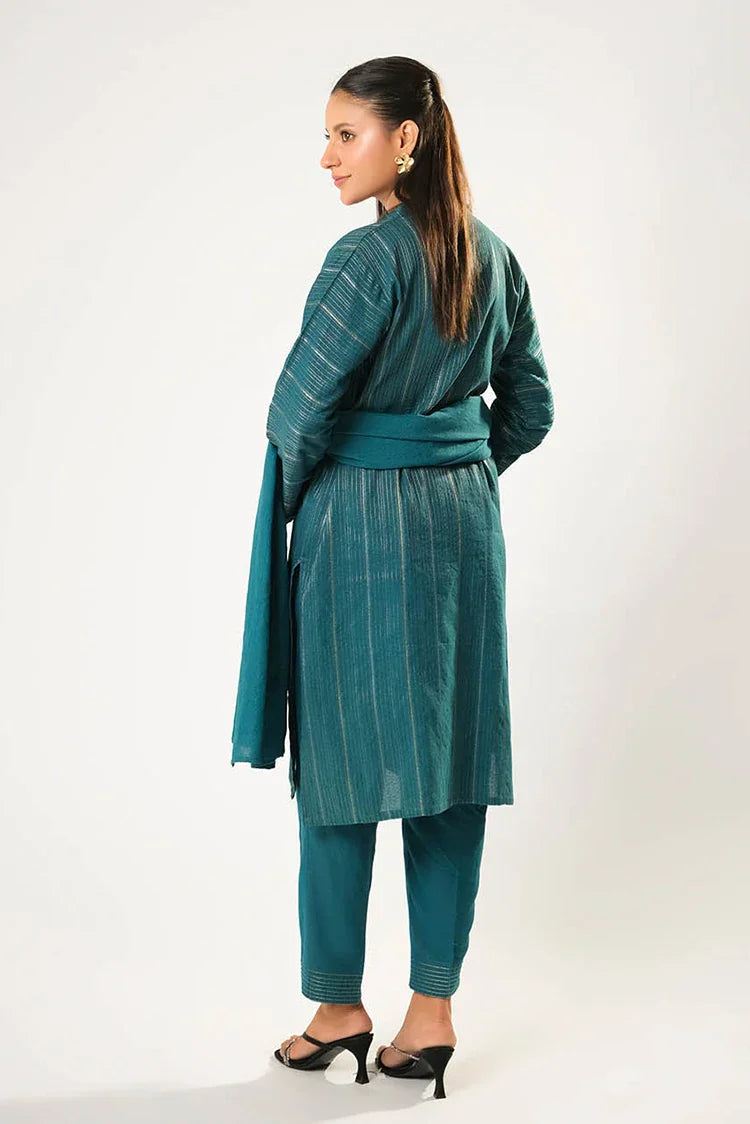 Women winter clothes | Turquoise Blue & Silver  | Casual 3 Piece Suit | Cotton Karandi Dobby  | LAD-03212
