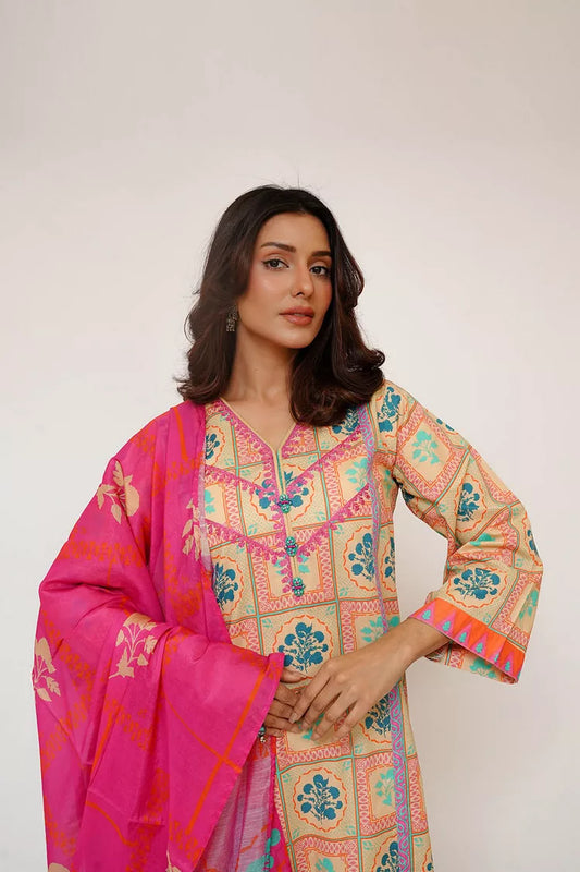 Senorita - Women Eid Dress - Fawn & Multicolor - Casual 3 Piece Suit - LAD-03434