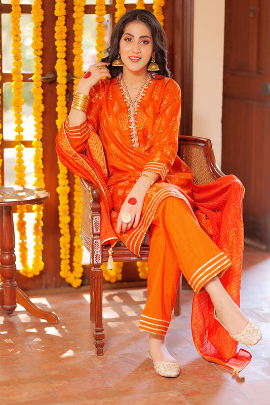 Senorita - LBD-02260 | Orange & Golden | Casual 3 Piece Suit  | Cotton Jacquard