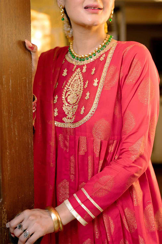 Senorita - LBD-02333 | Red & Gold | Casual 3 Piece Suit | Cotton Gold Jacquard