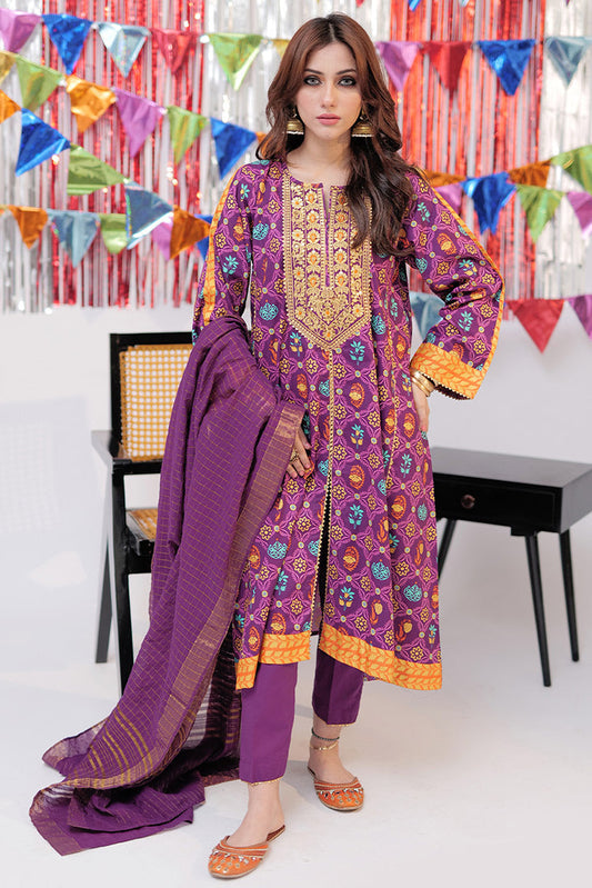 Senorita - LBD-02533 | Purple & Gold | Casual Plus 3 Piece Suit  | Cotton Gold Print Lawn
