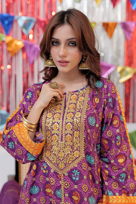 Senorita - LBD-02533 | Purple & Gold | Casual Plus 3 Piece Suit  | Cotton Gold Print Lawn