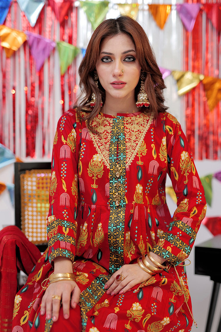 Picture of <!--bic-->Senorita - LBD-02534 | Red & Gold | Casual plus 3 Piece Suit | Cotton Gold Print Lawn - Available at Raja Sahib