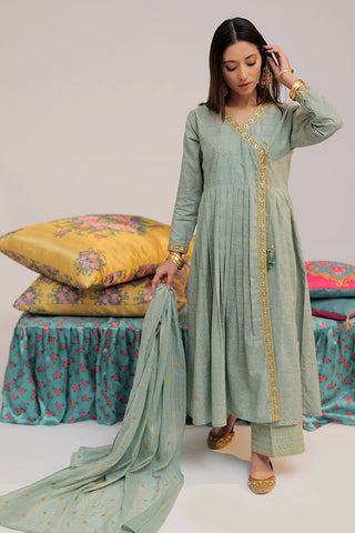 Picture of Senorita - LBD-02560 | Green & Gold | Casual plus 3 Piece Suit  | Cotton Yarn dyed Jacquard - Available at Raja Sahib