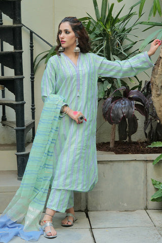 Picture of Senorita - LBD-02562 | Green & Blue | Casual plus 3 Piece Suit  | Cotton Yarndyed Jacquard - Available at Raja Sahib