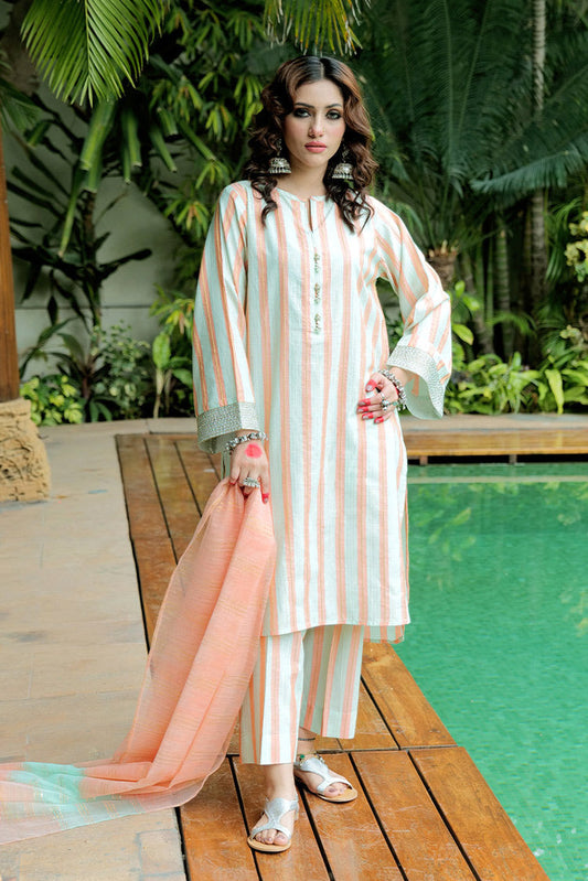 Senorita - LBD-02563 | Light Green & Orange | Casual plus 3 Piece Suit  | Cotton Yarndyed Jacquard