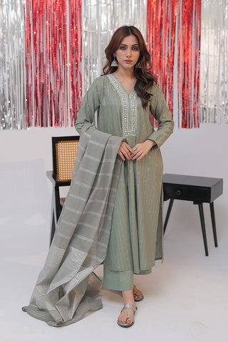 LBD-02586 | Green & Silver | Casual plus 3 Piece Suit  | Cotton Jacquard Dobby