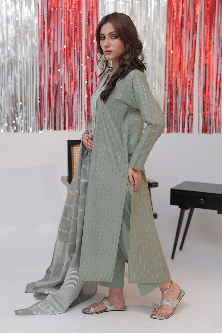 Picture of Senorita - LBD-02586 | Green & Silver | Casual plus 3 Piece Suit  | Cotton Dobby Jacquard - Available at Raja Sahib