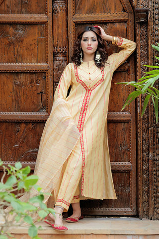 Picture of Senorita - LBD-02587 | Fawn & Multicolor | Casual plus 3 Piece Suit  | Cotton Jacquard Dobby - Available at Raja Sahib