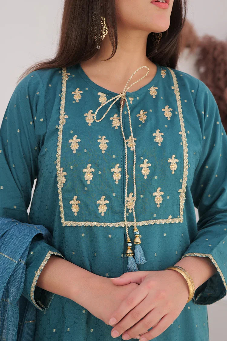 Picture of <!--awp-->LBD-02709 | Turqouise Green & Gold | Casual Plus 3 Piece Suit | Cotton Viscose Filament Jacquard - Available at Raja Sahib