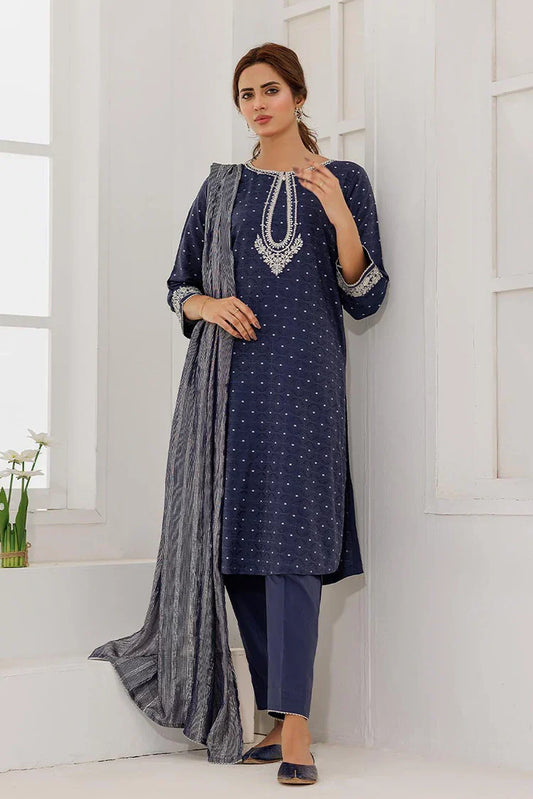 Picture of <!--aks-->LBD-02867 | Blue & Silver | Casual Plus 3 Piece Suit | Cotton Viscose Filament Jacquard - Available at Raja Sahib