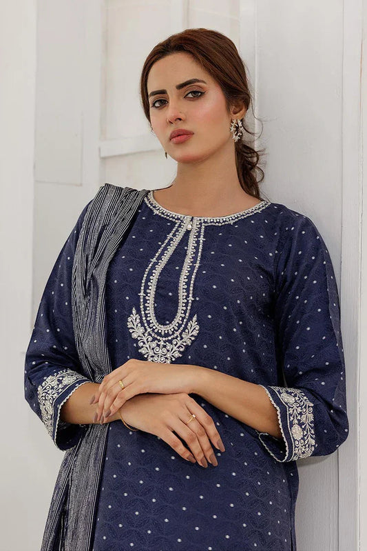 Picture of <!--aks-->LBD-02867 | Blue & Silver | Casual Plus 3 Piece Suit | Cotton Viscose Filament Jacquard - Available at Raja Sahib