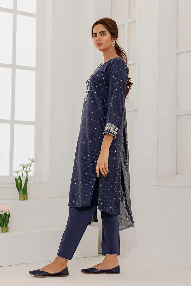Picture of <!--aks-->LBD-02867 | Blue & Silver | Casual Plus 3 Piece Suit | Cotton Viscose Filament Jacquard - Available at Raja Sahib
