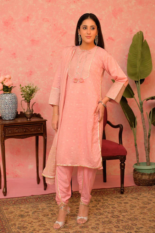 Picture of LBD-02893 | Pink & Gold | Casual Plus 3 Piece Suit | Cotton Viscose Filament Jacquard - Available at Raja Sahib