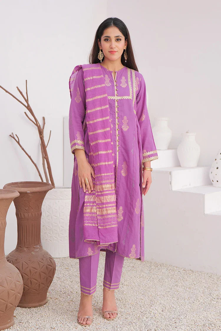 Picture of LBD-02894 | Purple & Gold | Casual Plus 3 Piece Suit | Cotton Jacquard - Available at Raja Sahib