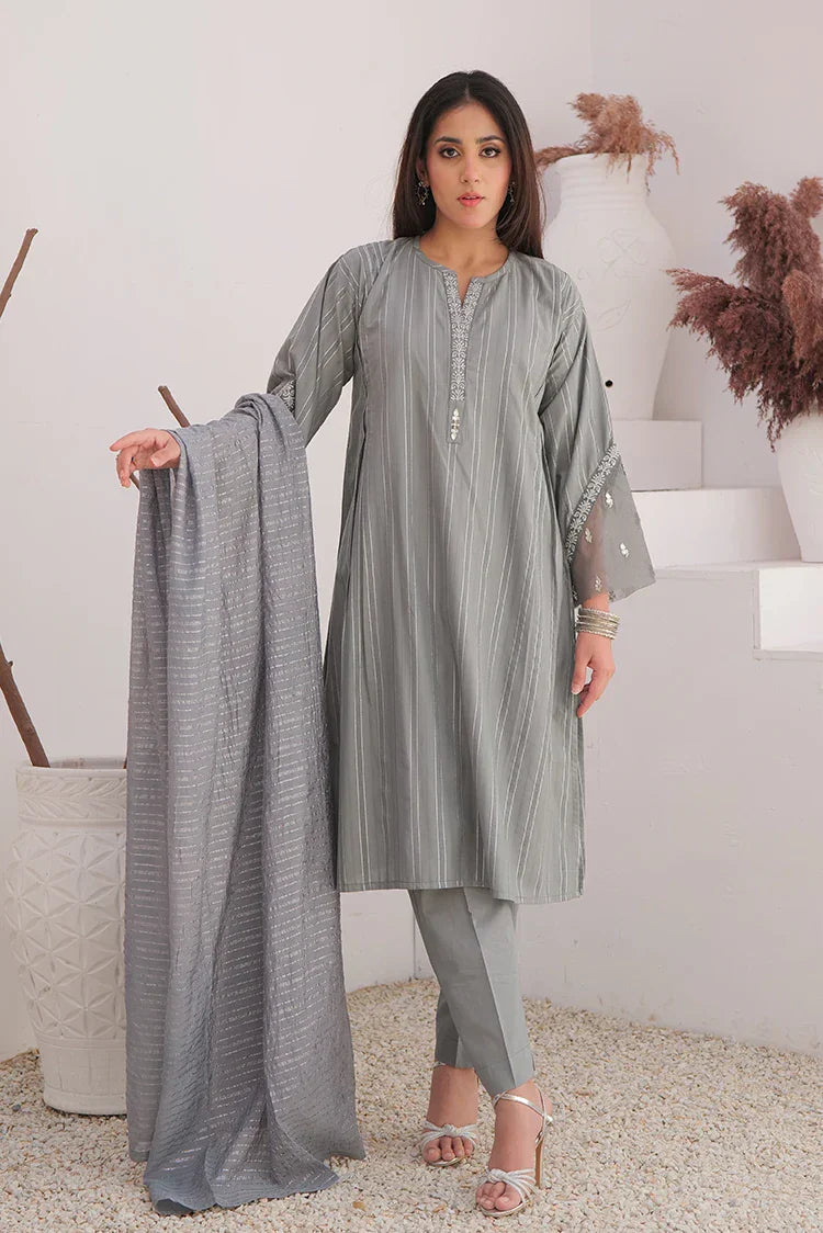 Picture of <!--awo-->LBD-02896 | Grey & Silver | Casual Plus 3 Piece Suit | Cotton Dobby Jacquard - Available at Raja Sahib