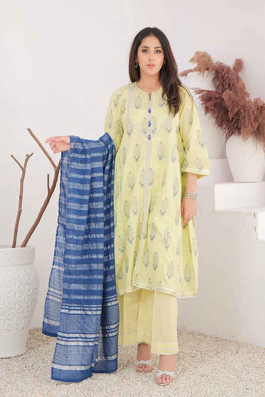 Picture of <!--awn-->LBD-02905 | Perrot Green & Multicolor | Casual Plus 3 Piece Suit | Cotton Jacquard - Available at Raja Sahib