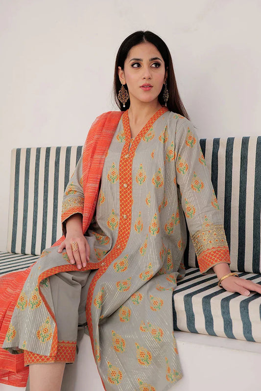 Picture of <!--aoi-->LBD-02992 | Beige & Multicolor | Casual Plus 3 Piece Suit | Cotton Dobby Dye over Gold Print - Available at Raja Sahib