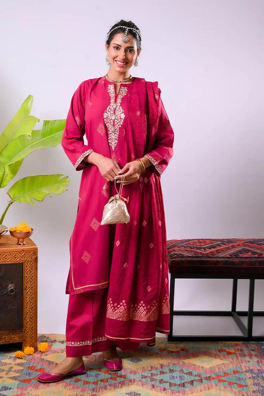 Senorita - Women Eid Dress - Maroon & Gold - Casual Plus 3 Piece Suit - LBD-03340