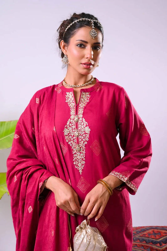 Senorita - Women Eid Dress - Maroon & Gold - Casual Plus 3 Piece Suit - LBD-03340