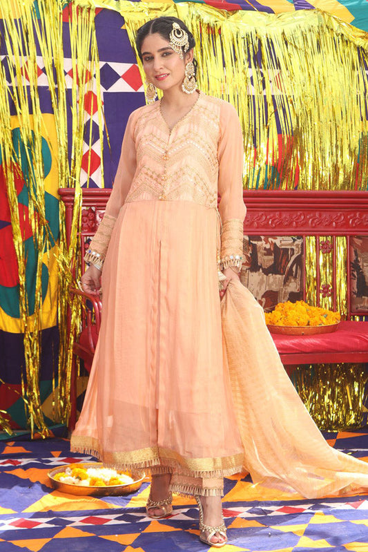 Senorita - LDD-01892 | Peach Golden | Formal 3 Piece Suit  | Pure Banarsi Masuri Self Base