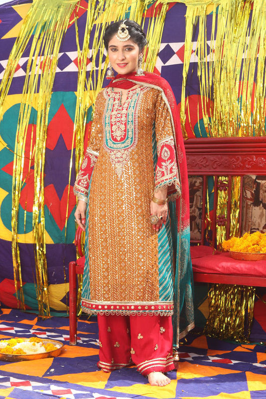 Senorita - LDD-01896 | Rust & Maroon | Formal 3 Piece Suit  | Pure Banarsi Crinkle