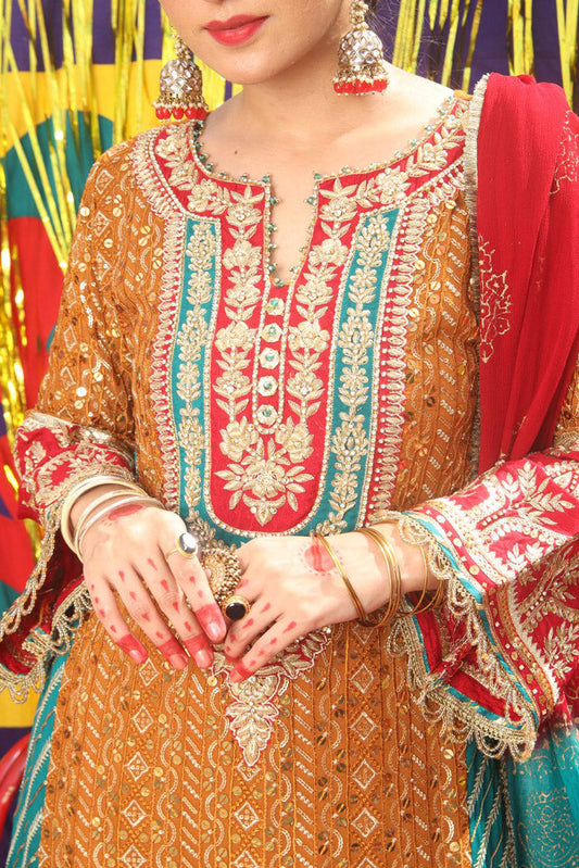 Senorita - LDD-01896 | Rust & Maroon | Formal 3 Piece Suit  | Pure Banarsi Crinkle
