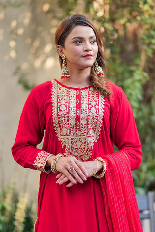 Picture of LDD-02740 | Red & Gold | Formal 3 Piece Suit | Viscose Raw Silk - Available at Raja Sahib