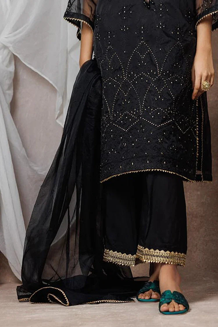 Women formal dress | Black  & Multicolor | Formal 3 Piece Suit | Banarsi Organza Plain Nylon | LDD-03092