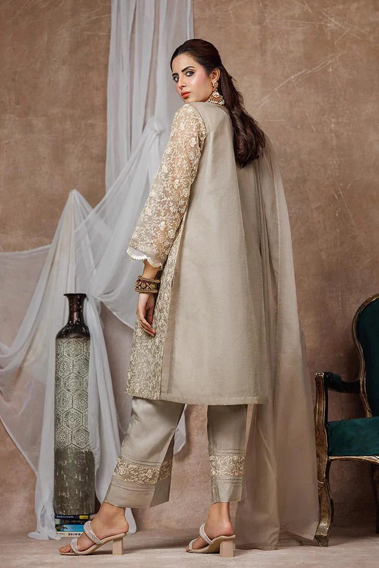 Women formal clothes | Beige & Fawn | Formal 3 Piece Suit | Banarsi Organza Plain Nylon | LDD-03094