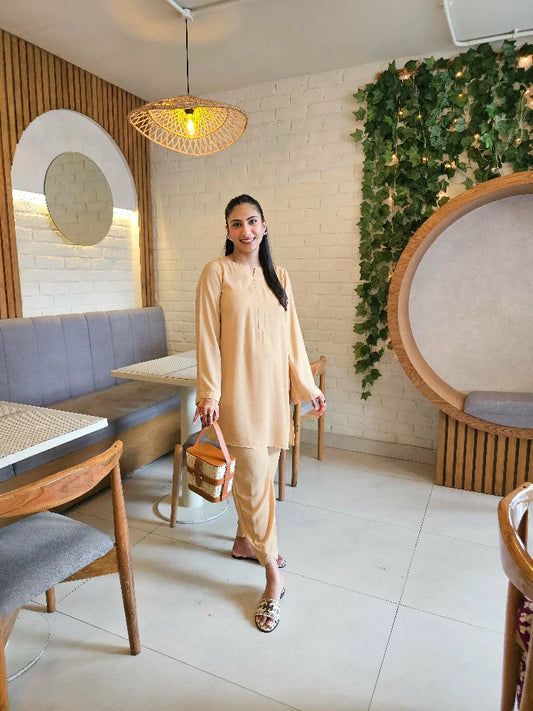 Picture of Manahils - Beige Basic Co-Ord Set - Available at Raja Sahib