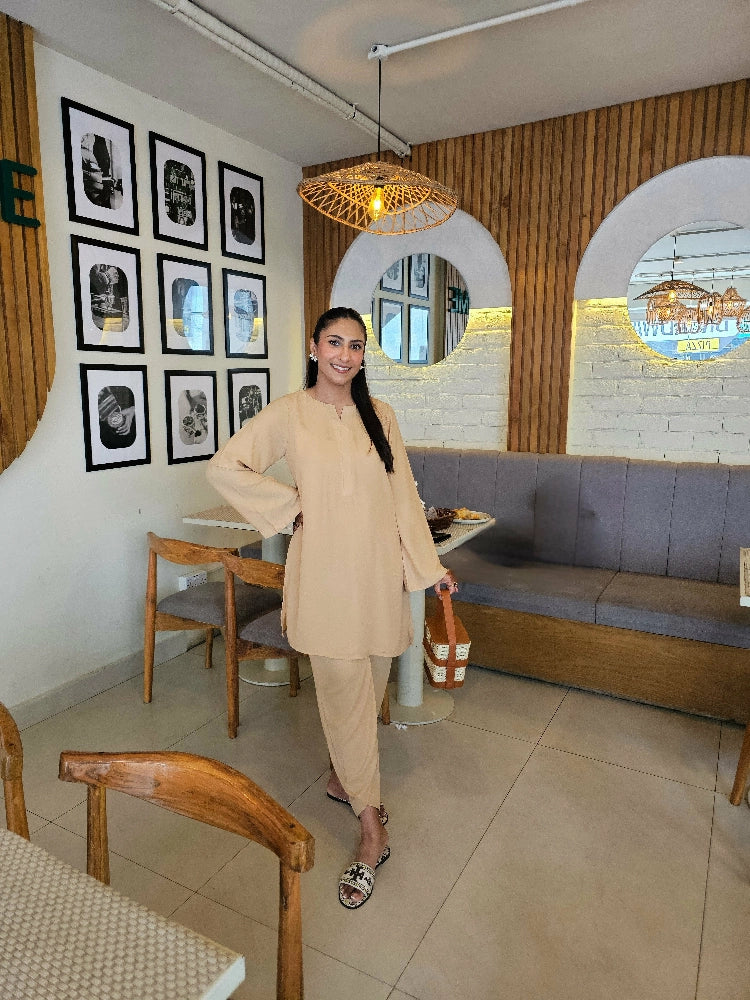 Picture of Manahils - Beige Basic Co-Ord Set - Available at Raja Sahib