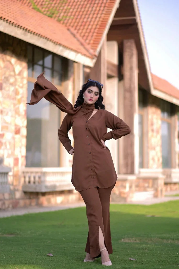 Picture of Manahils - V Pleated Drape Shirt Brown - Available at Raja Sahib