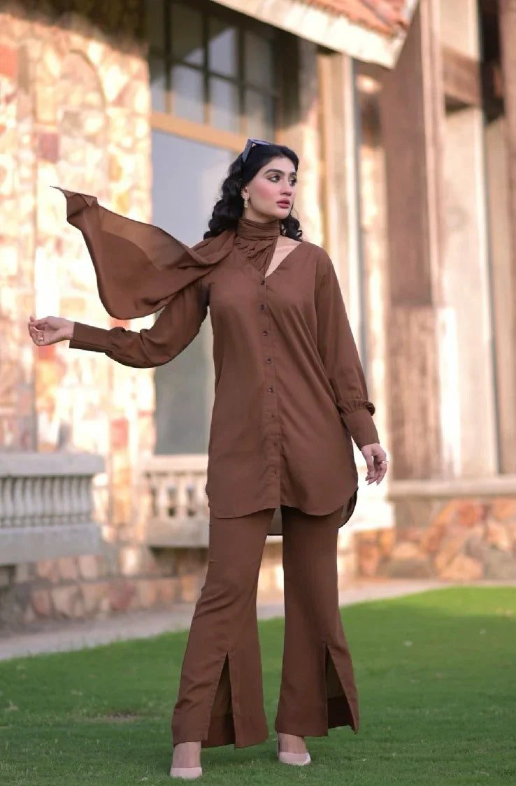 Picture of Manahils - V Pleated Drape Shirt Brown - Available at Raja Sahib