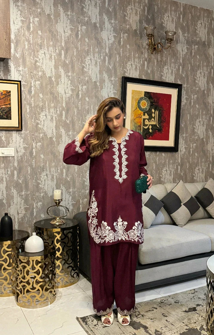 Picture of Manahils - Burgundy Embroidery Farshi Shalwar Set - Available at Raja Sahib