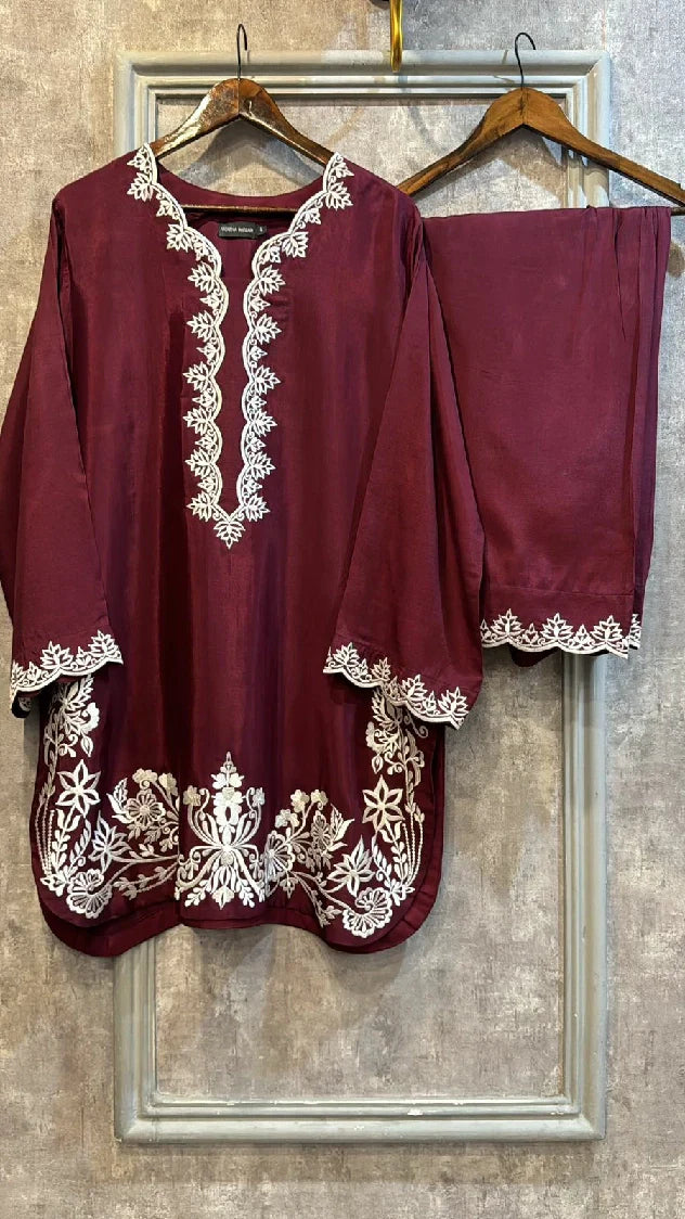 Picture of Manahils - Burgundy Embroidery Farshi Shalwar Set - Available at Raja Sahib