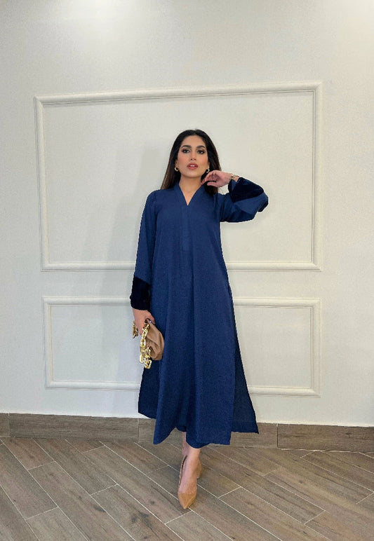 Picture of Manahils - Blue Long Set With Velvet Tunic - Available at Raja Sahib