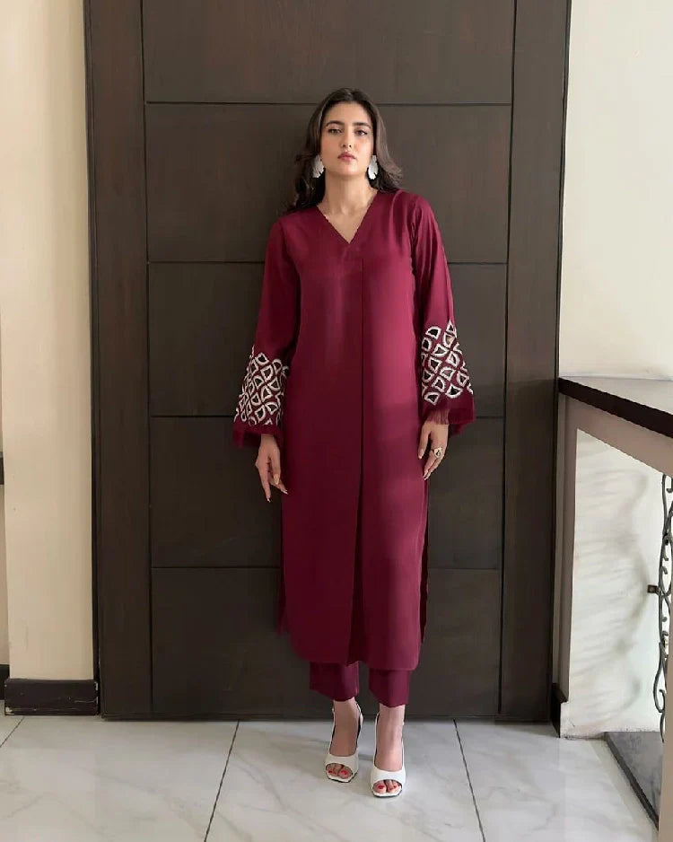 Picture of Manahils - Burgundy Maroon Embroidered Tunic - Available at Raja Sahib