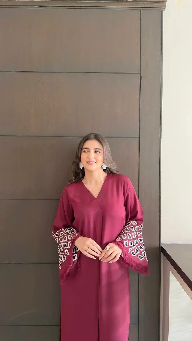Picture of Manahils - Burgundy Maroon Embroidered Tunic - Available at Raja Sahib