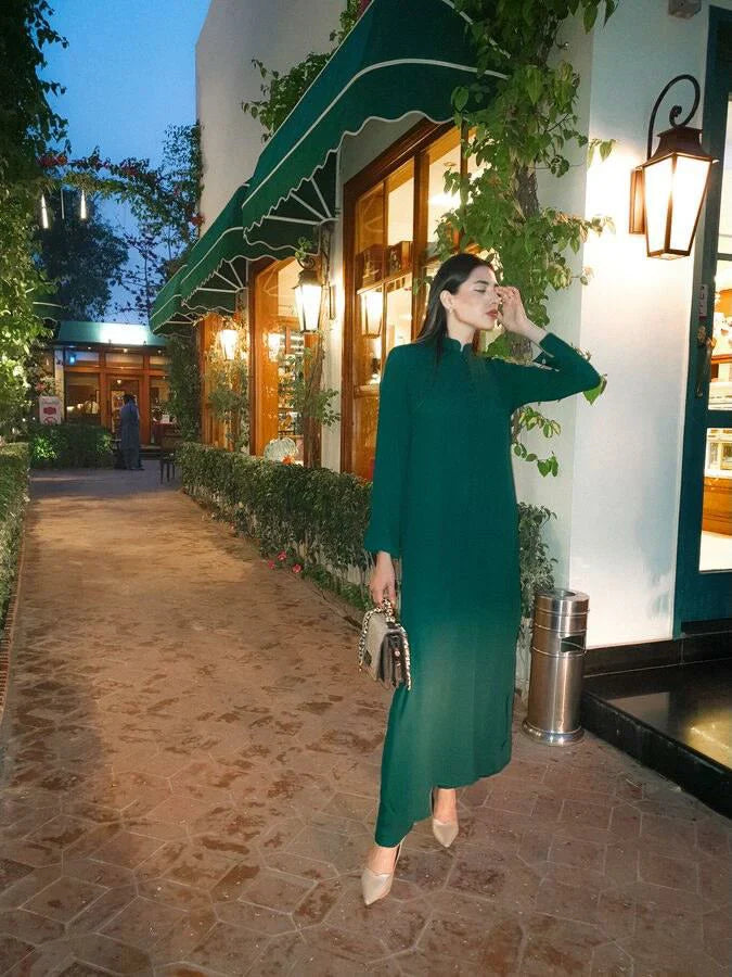 Picture of Manahils - Tunic Green Long Button Set - Available at Raja Sahib