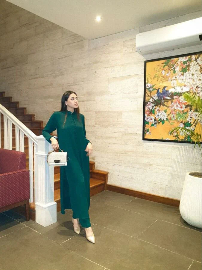 Picture of Manahils - Tunic Green Long Button Set - Available at Raja Sahib