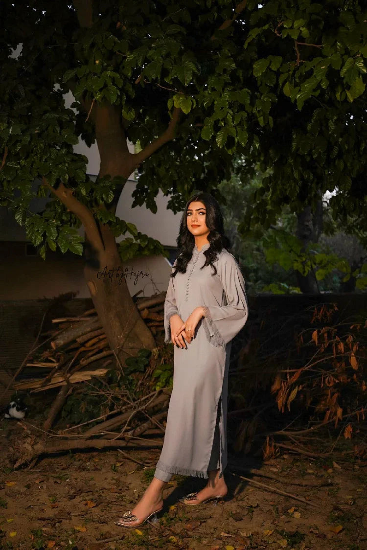 Picture of Manahils - Tunic Gray Buttons +Fringes - Available at Raja Sahib