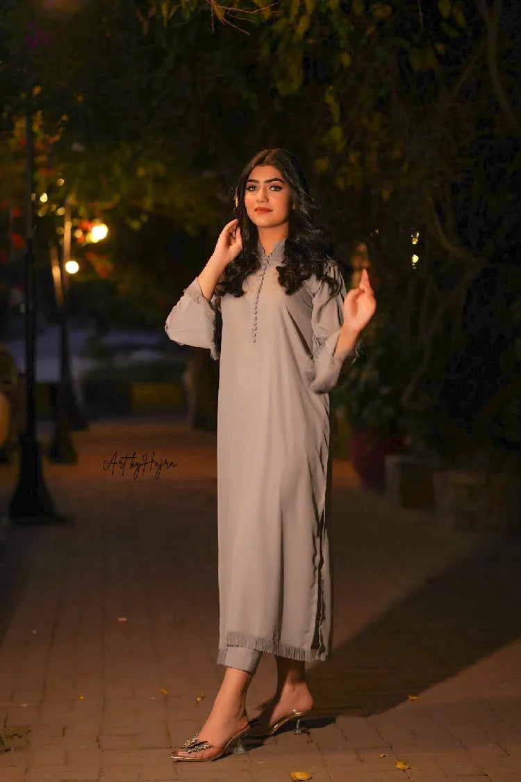 Picture of Manahils - Tunic Gray Buttons +Fringes - Available at Raja Sahib