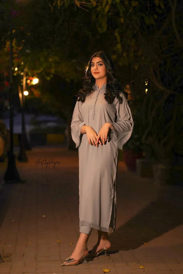 Picture of Manahils - Tunic Gray Buttons +Fringes - Available at Raja Sahib