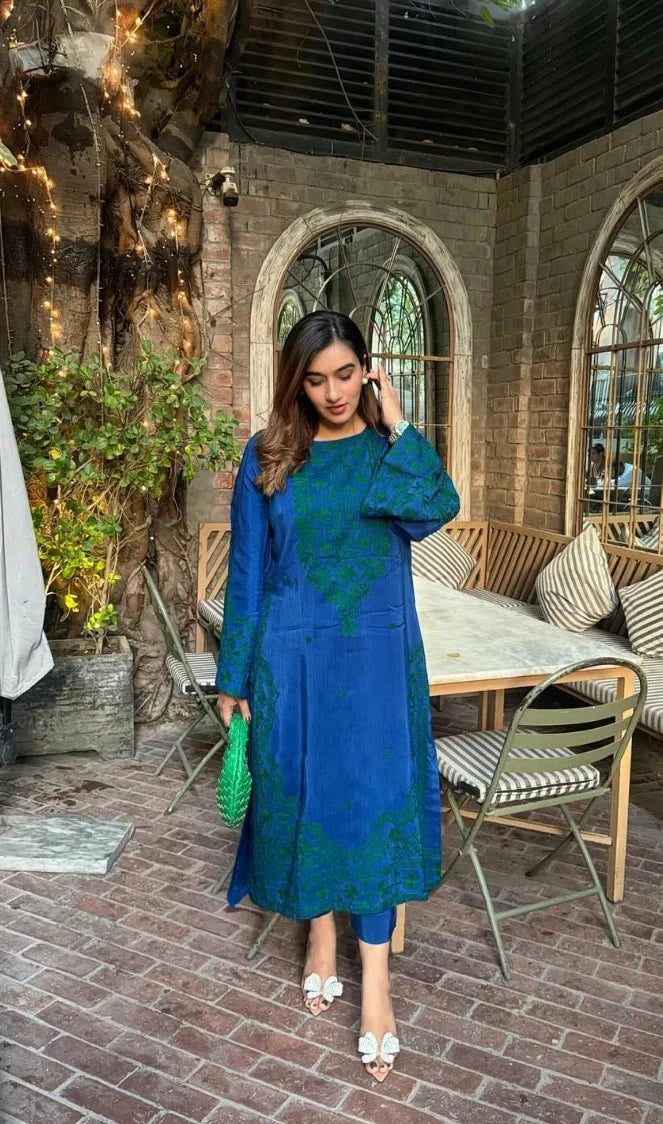 Picture of Manahils - Green Embroidered Raw Silk - Available at Raja Sahib