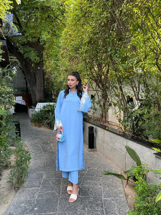 Picture of Manahils - Ice Blue Embroidered Sleeves - Available at Raja Sahib