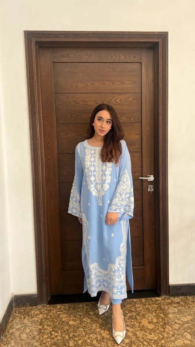 Picture of Manahils - Ice Blue Embroidered Two Pc - Available at Raja Sahib