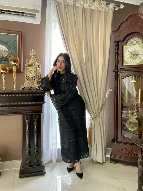 Picture of Manahils - Metallic Black Crochet Net - Available at Raja Sahib