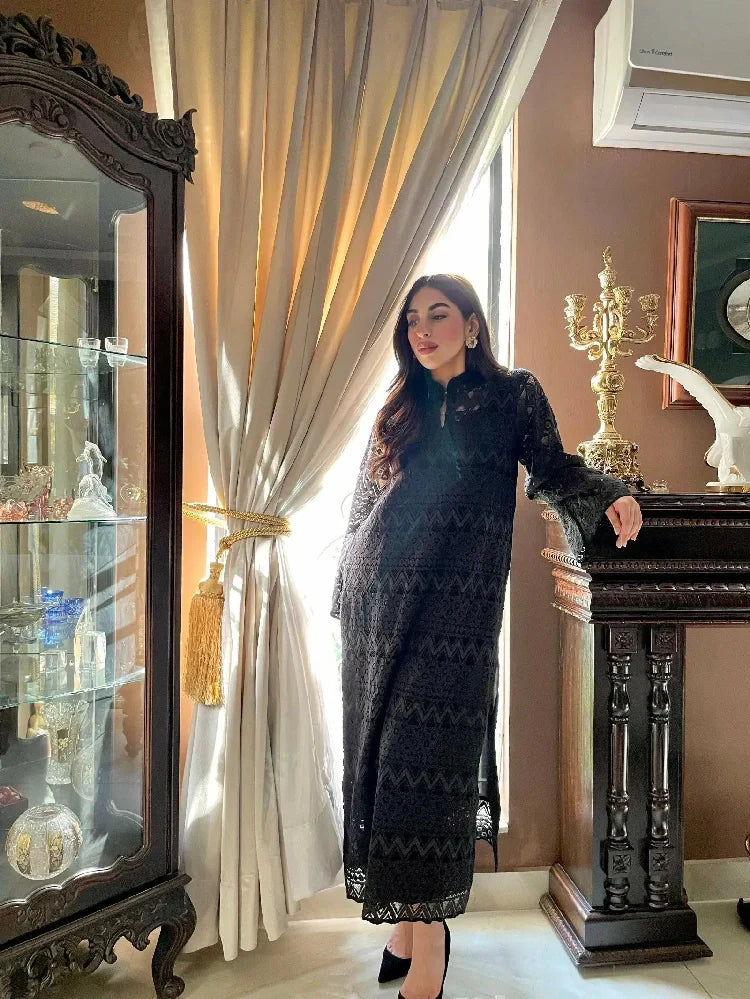 Picture of Manahils - Metallic Black Crochet Net - Available at Raja Sahib