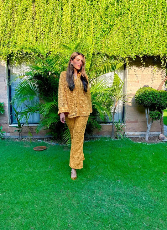 Picture of Manahils - Mustard Crochet Co-Ord Set - Available at Raja Sahib